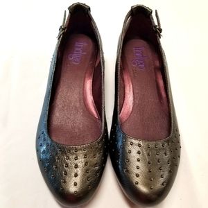 Indigo by Clarks Woman Shoe Sz 8 1/2 Black Lea Bishop Studded Slip On Wedge